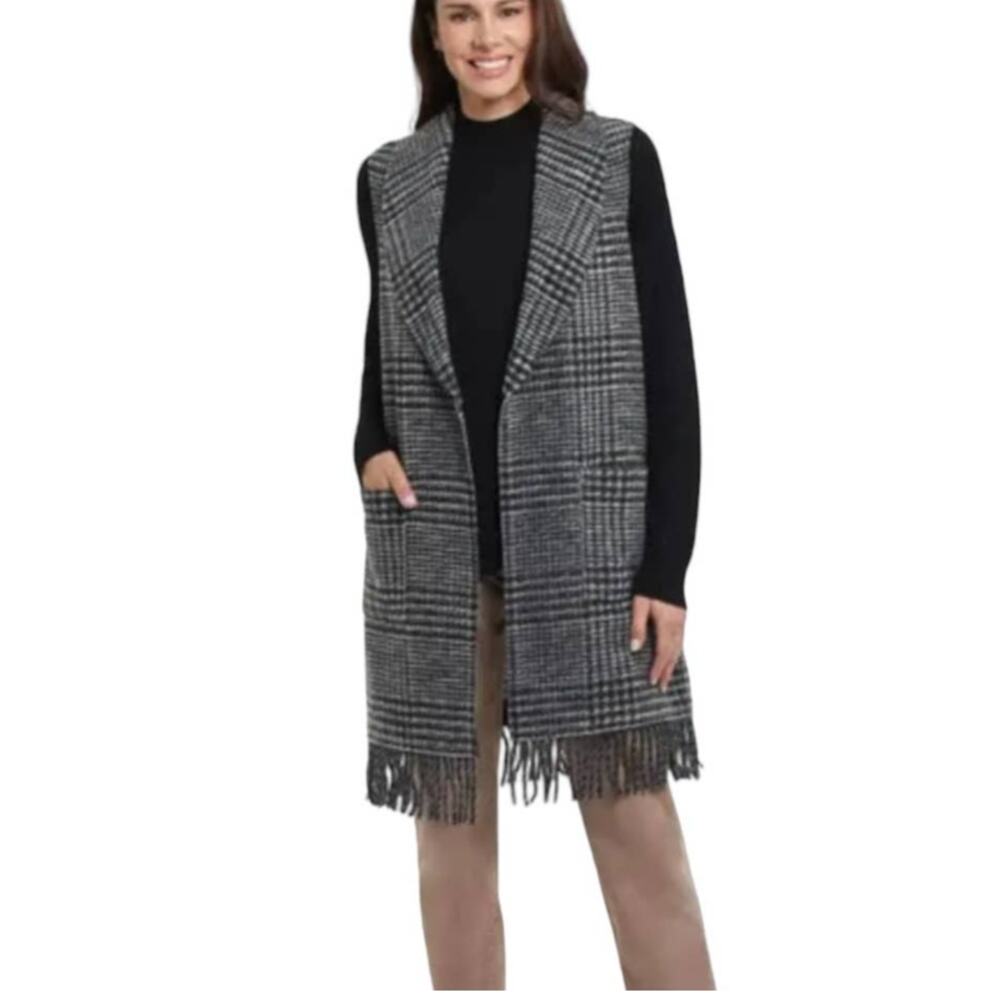 TRIBAL Women's Long Black & Gray Wool Blend Plaid Vest Pockets & Fringe Bottom